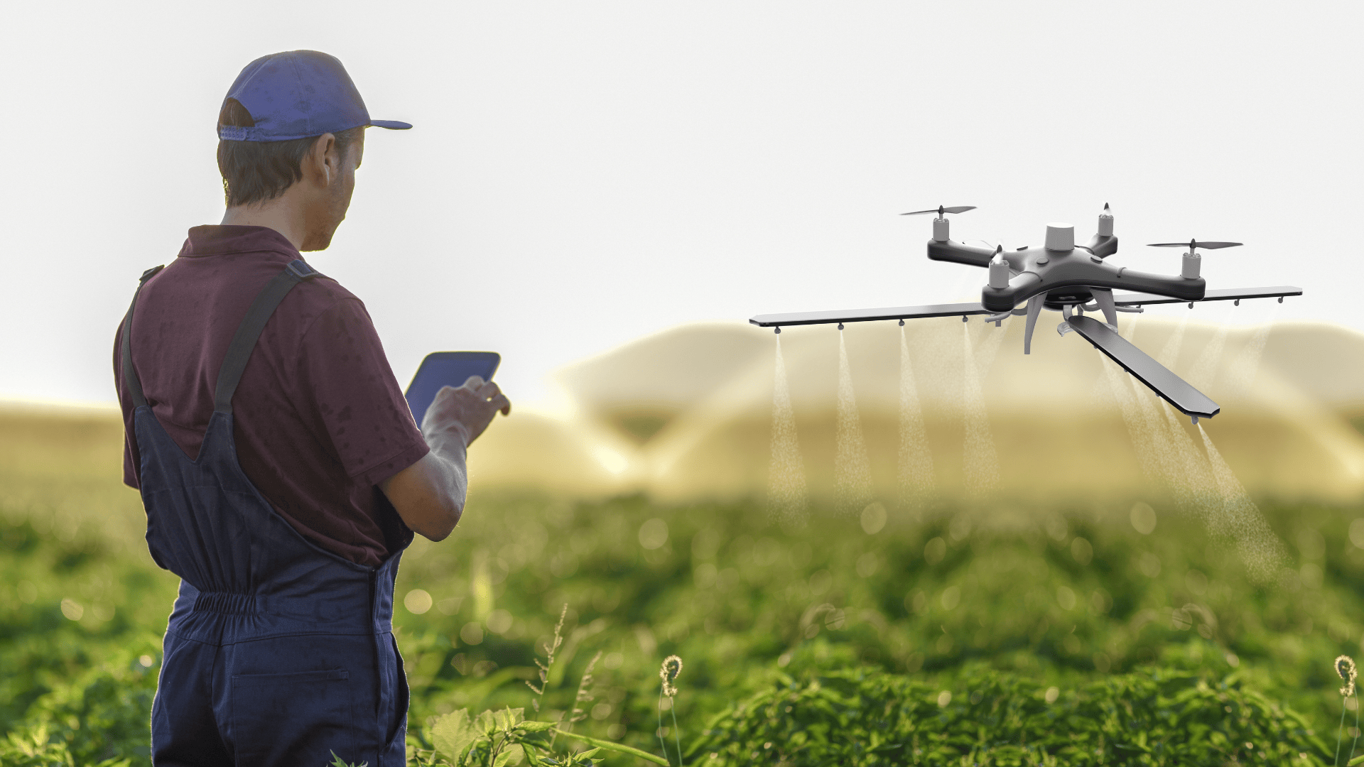 farmer flying a drone across his fields - an example of technology in the agriculture and food industry